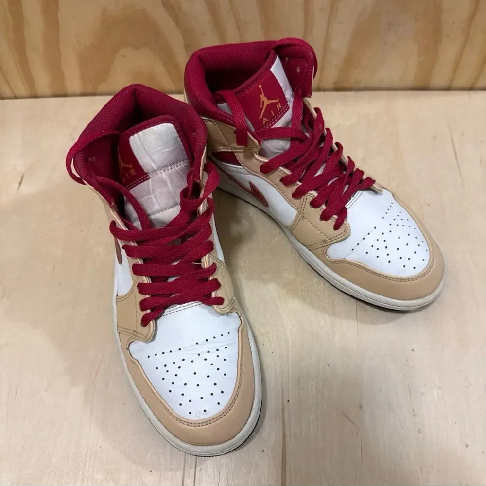 Size  8.5 Men’s - Jordan 1 Mid Light Curry Cardinal Red